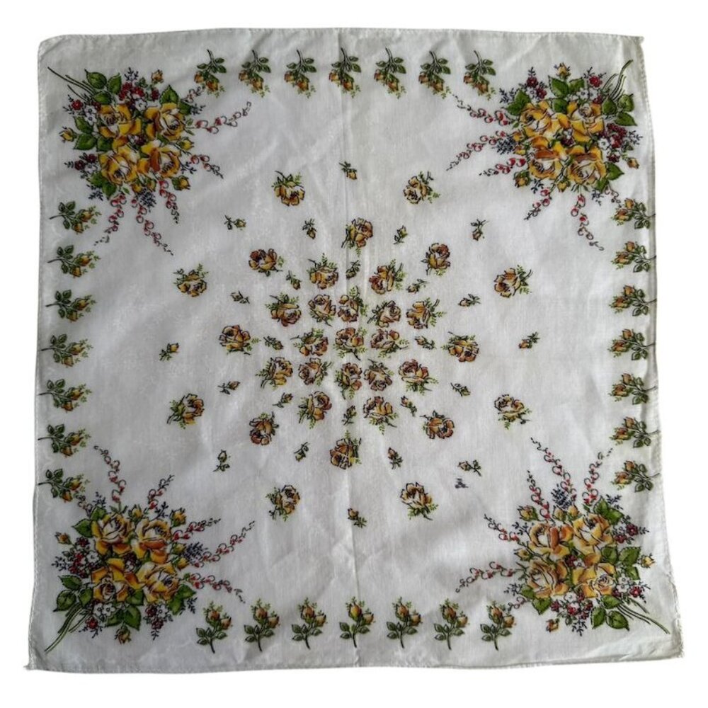 Vintage Womens Floral Handkerchief Yellow Roses  Delicate Green Accents Cotton B - Picture 8 of 10